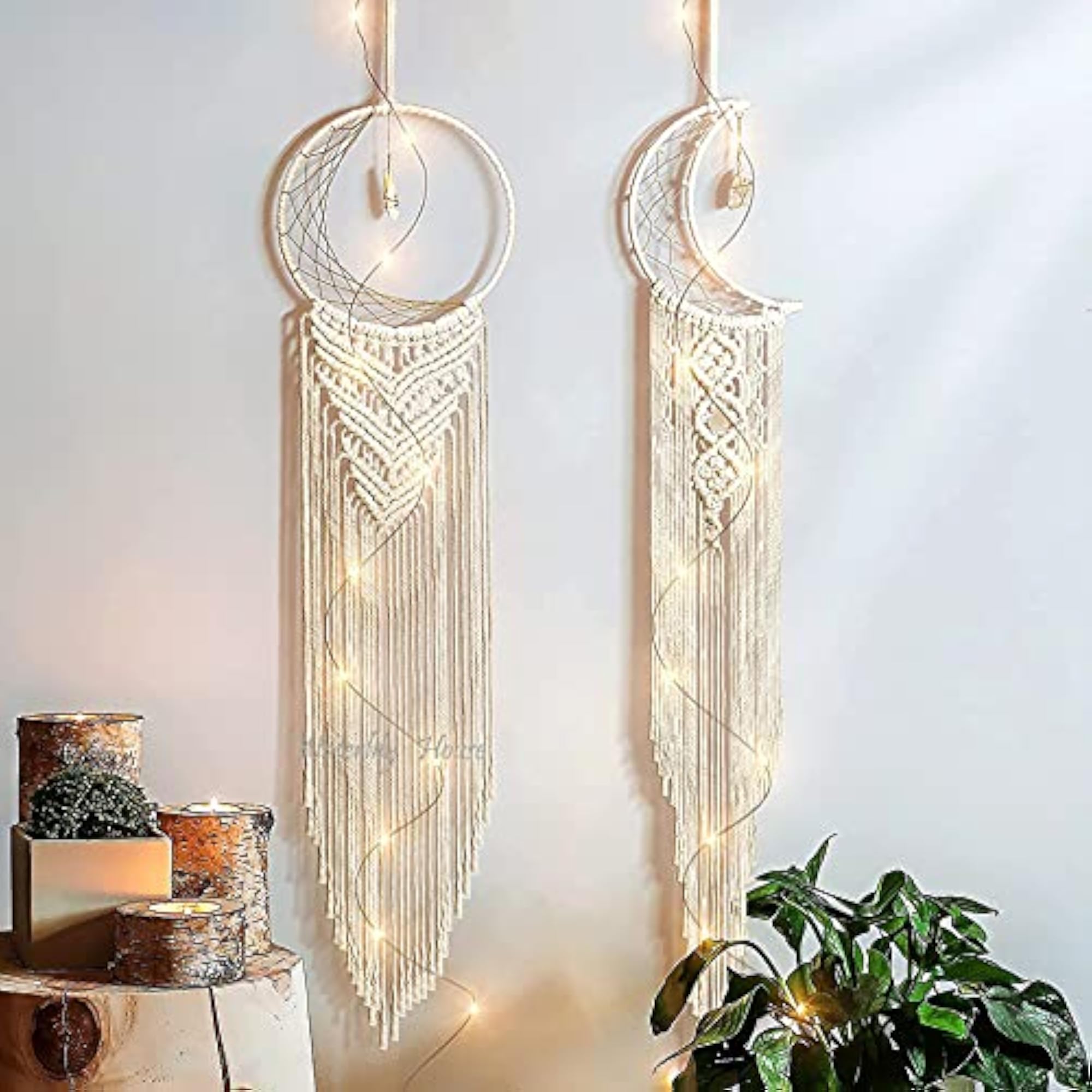 Macrame Wall Hanging Moon Dream Catcher with LED String Light