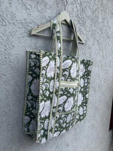 Image of Quilted Cotton Hand printed Reversible Large multicolor cotton Tote Bag,Indian Handmade Block Printed Tote Bag Women Handbag