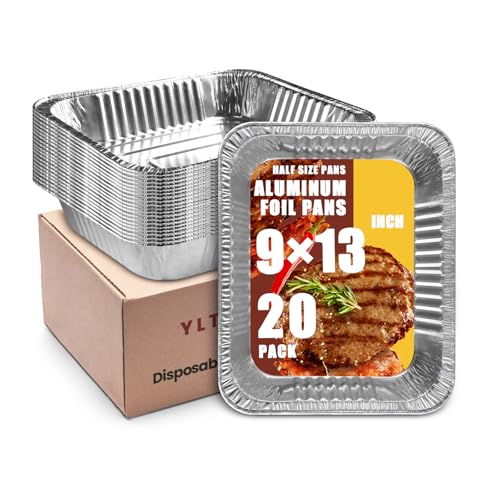 Image of YLT WAX 9x13 Disposable Aluminum Foil Pans 20 Pack, Durable Half Size Deep Extra Heavy Duty Food Containers for Baking, Cooking, Roasting, Heating or Steam Table