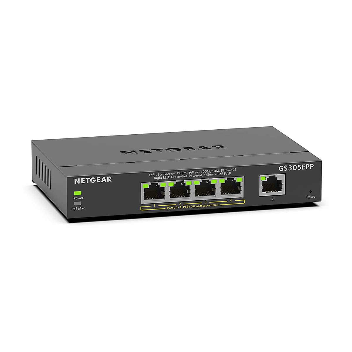 NETGEAR Switch PoE Plus 5 Porte GS305EPP, Supporto VLAN, QoS, Switch Ethernet Gigabit con 8 PoE+ a 123 W, Montaggio Desktop o a Parete