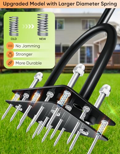 SakerPlus Lawn Aerator Tool, Manual Metal Spike Aerator Lawn Tool with Spring Base, Automatic Leaf and Dirt Cleaning, Grass Aerator for Lawn Care, Soil Loosening, Yard Aerating, Garden Tool