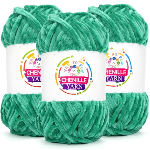 Image of 3 Pack Velvet Chenille Yarn for Crocheting,Green Fluffy Velvet Plush Yarn Thick Soft Chunky Chenille Yarn Baby Blanket Yarn for Crocheting Knitting Beginners(Jade Green)