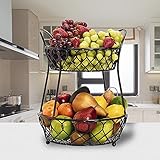 Fruit Bowls 2 Tier Metal Fruit Basket For Kitchen Counter Fruit Holder Storage Stand Round Black