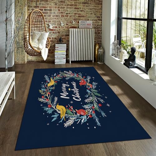 BYLEEHOMED Alfombras de área de Corona Redonda de Navidad 80x150cm Linda Alfombra Antideslizante de Invierno de pájaro Rojo Alfombra de Pila Baja Azul Oscuro para el Dormitorio de la Sala de Estar