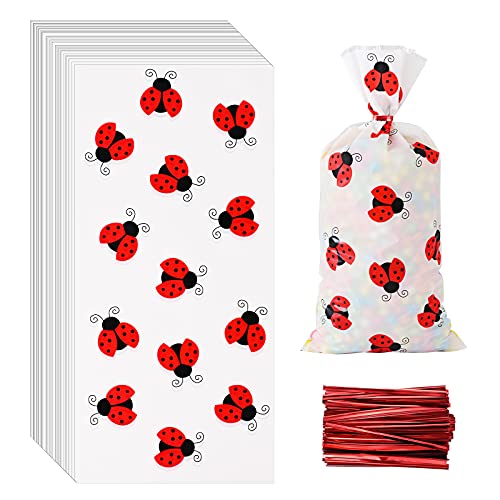 100 Pcs Ladybug Treat Bags Ladybug Cellophane Candy Bags Plastic Goodie Storage Bags Ladybug Party Favor Bags with Twist Ties for Ladybug Theme Birthday Party Supplies