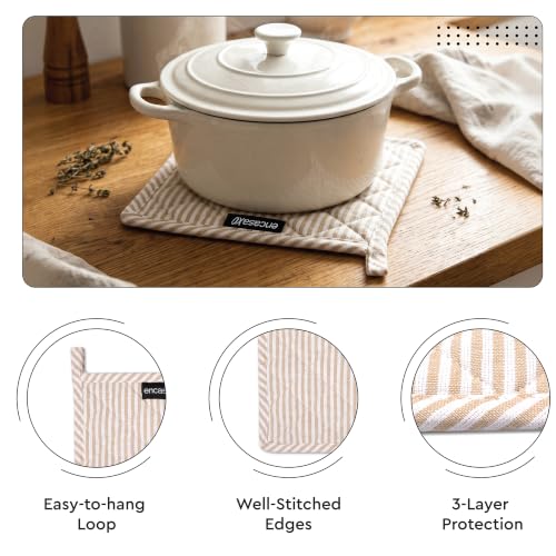 Image of Encasa XO 100% Cotton Apron Set for Women & Men with Adjustable Apron, Oven Gloves & Pot Holder (Pack of 3) Combo, Heat-Resistant, Soft & Durable for Cooking, Baking & Grilling (Ticking Beige)