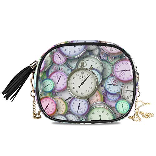 LAZEN Impresión de bolsos para mujeres Relojes de niña con correa de cadena extraíble Borla Top Zipper Crossbody Bag