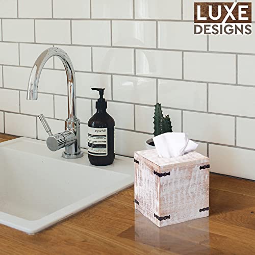 Luxe Designs Rustic Wood Tissue Box Cover with Slide-Out Bottom Panel - Decorative Mango Wood Tissue Box Holder for Bathroom, Car, or Office Desk - 5.7 x 5.7 x 6.5 Inches, Rustic White (Set of 2)