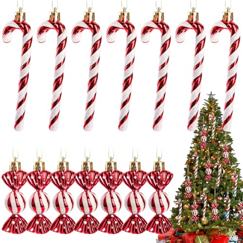 Annhao 14 Pezzi Decorazioni Natale Candy Cane, Decorazione Natale Caramelle, Zucchero Natalizi Appendere con Cordino, Bastoncini Zucchero per Natalizi Decorazioni Casa (Rosso e Bianco)