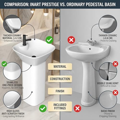 Image of InArt One Piece Ceramic Pedestal Free Standing SquareWash Basin for Living Room and Bathroom (17 x 17 x 32 Inch, White)