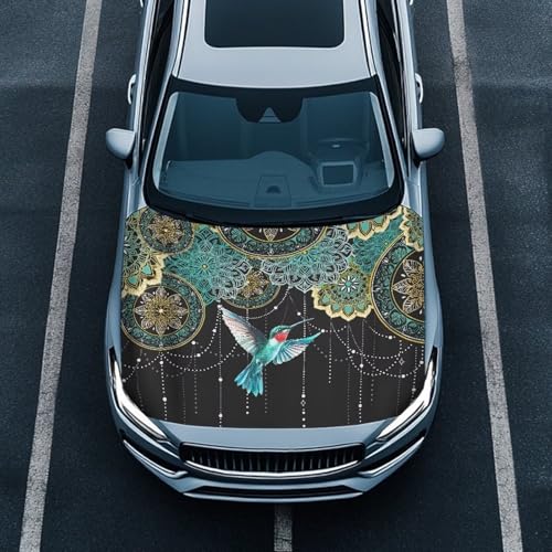 Image of Hummingbird Car Hood Cover, Tribal Mandala Protector for Vehicle Sedan SUV, Boho Ethnic Lotus Flower Bird Stretchable Auto Accessories Car Bonnet Banner