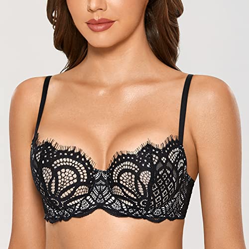 DOBREVA Women's Lace Balconette Push Up Plus Size Unlined Underwire Sheer Sexy Bra Black 32D - Image 4