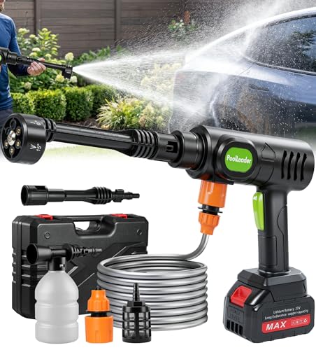 PoolLeader Cordless Car Washing Tool, Portable Vehicle Cleaner with 6-in-1 Nozzle & Foam Cannon, Battery Operated Cordless Car Wash Spray, Handheld Wash Machine for Car, Patio, Home - Lime Green
