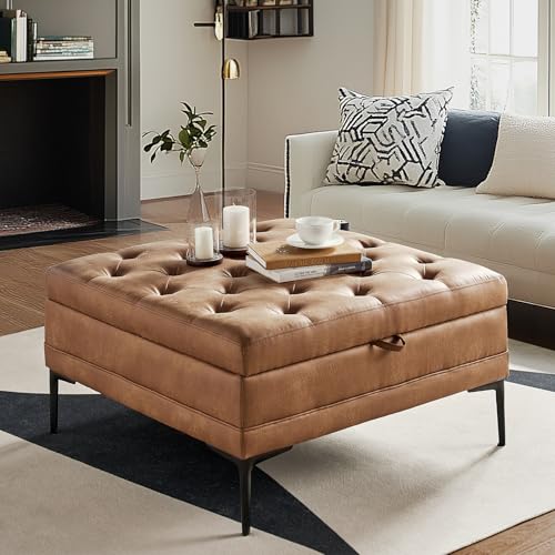 HULALA HOME Faux Leather Coffee Table, 36.5' Square Storage Ottoman with Metal Legs, Button-Tufted Coffee Table with Storage for Living Room, Camel