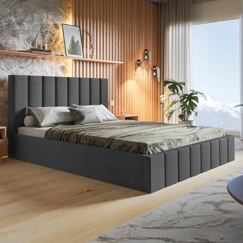 MOTIVENA Ibiza Bett 200x200 Grau Samt, mit Stauraum, mit Kopfteil, mit Lattenrost, ohne Füße, ohne Matratze, Polsterbett 200x200 mit Bettkasten Grau (Anthrazit)