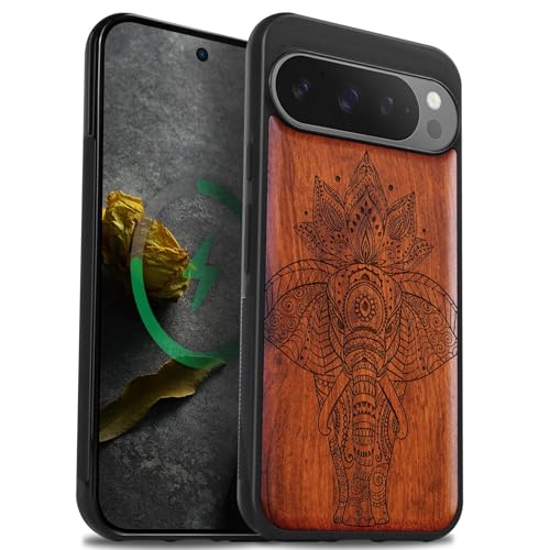 Coque bois Pixel 9 Pro XL Carveit, étui magnétique gravé éléphant tribal haut de gamme