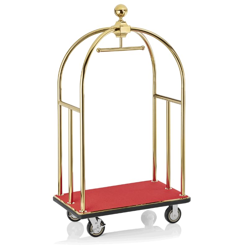 Carrello portavaligie per albergo dorato - Acciaio inossidabile - Piattaforma con moquette rossa - 4 ruote - Lusso professionale - 900 x 550 x 1800 mm