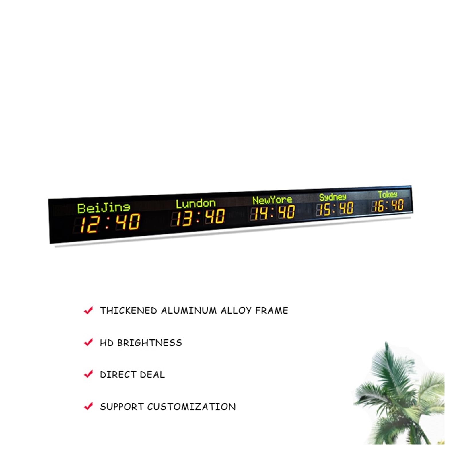 Countdown Timer, Orologio da parete a LED/orologio fuso orario dell'hotel/orologio mondiale delle 5 città, nome della città verde, ora rossa(GPS)