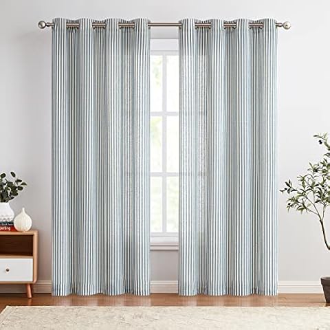 Vangao Linen Blend Stripe Curtains Tickingstripe Light Filtering Window Curtains Blue Pinstripe Printed on Beige Drapes 96 Inches Long for Living Room Bedroom Grommet Top 2 Panels Cover