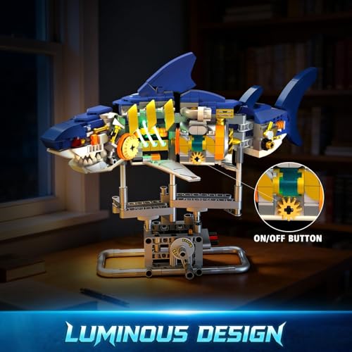 Image of SKY LINE OCEAN Mechanical Shark Building Blocks Set (687+ PCS) | Complex for Ages 14+ | Rotatable Sea Animal Model with Display Stand | STEM Construction Toy | 5 Year Structural Warranty