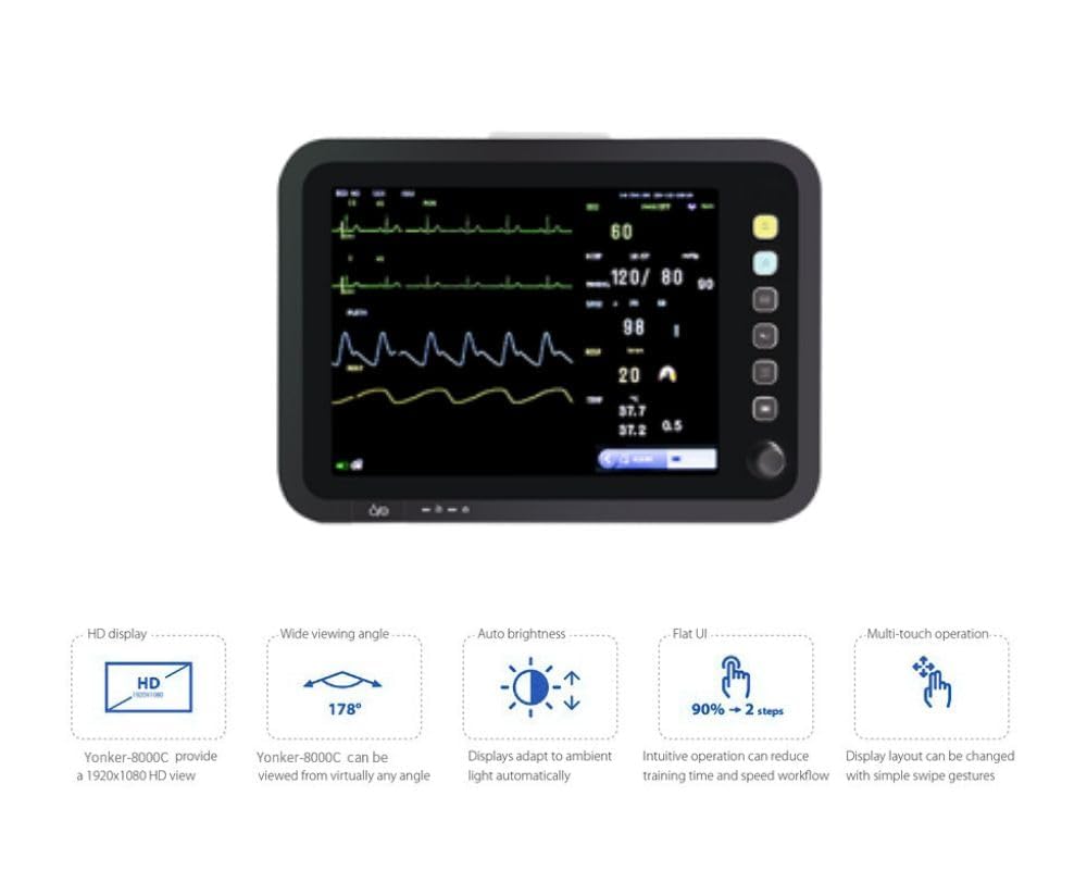 CARDITABS Yonker Multipara Patient Monitor YK-8000C with Adult Probe | 5 para Patient Monitor | ICU Vital Signs Monitor for Adult | TFT Display | Hospital Clinic ICU/CCU/OR Use