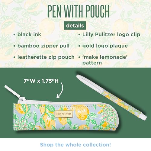 Image of Lilly Pulitzer Metal Pen and Zipper Pouch Set, Black Ink Pen with Vegan Leather Pen Case (Make Lemonade)