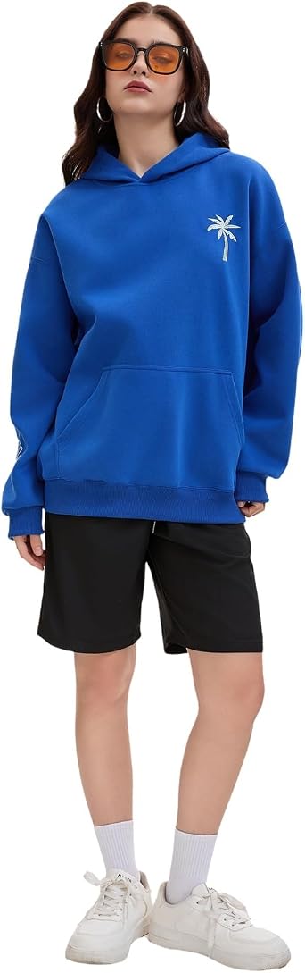 Pink Embroidered Palm Tree Hooded Sweatshirt Cute Girls Oversized Sweatshirt Hibiscus Flower Printed Cotton Top