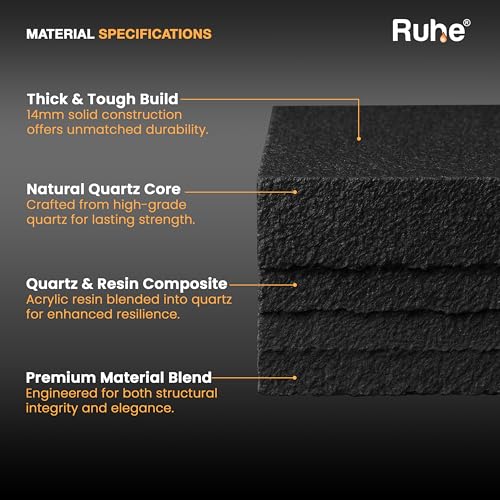 Image of Ruhe Quartz Single Bowl 36x18x9 Inches Drainboard Kitchen Sink | Black Non-fading Colour with UV Protection | Natural Stone Quartz /Granite Sink with Sink Coupling, Waste Pipe & Strainer Basket