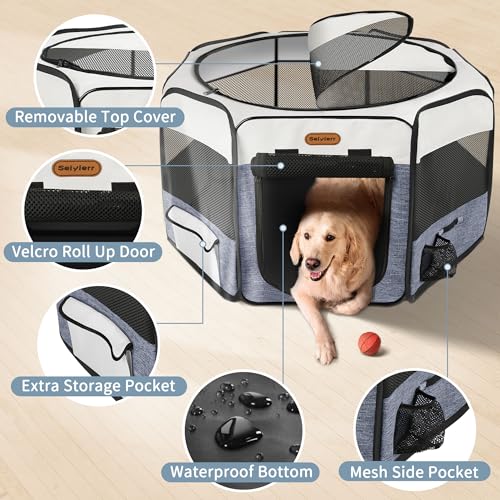 Image of Seiyierr Dog Playpen, Portable Pet Play Pen Foldable Carrying Case, Puppy Pens Outsid for Small Cat Indoor /Outdoor, Removable Mesh Shade Cover