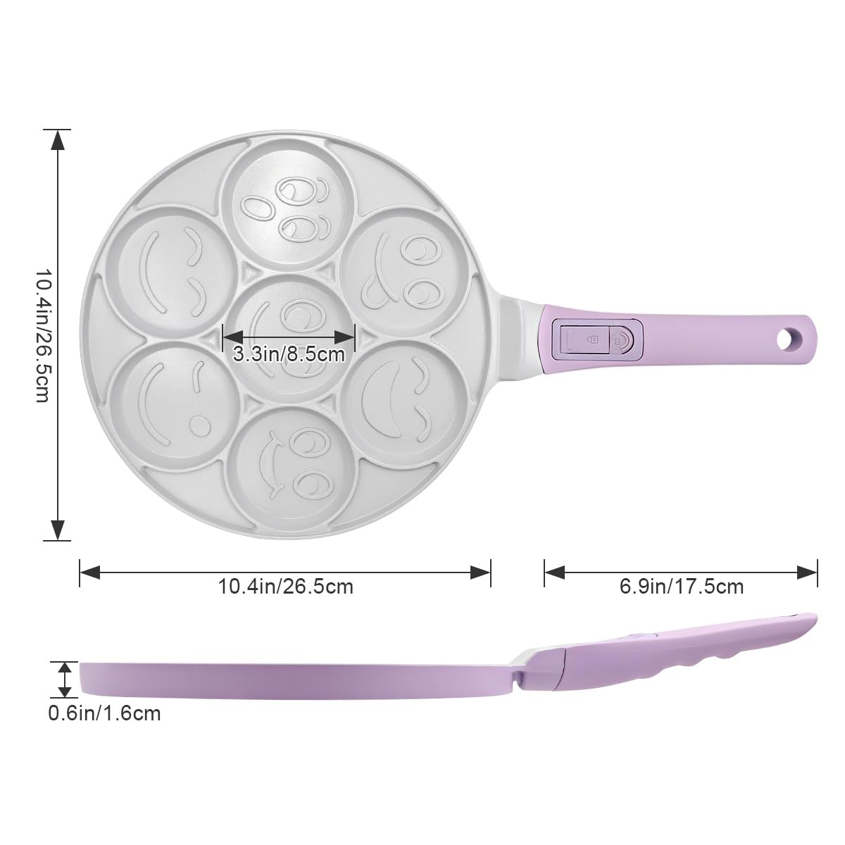 Sartén para Crepé Induccion 26.5cm con Caritas Sonrientes, Revestimiento Cerámico Antiadherente, Sartén para Tortitas 7 Agujeros con Mango Extraíble - Morado