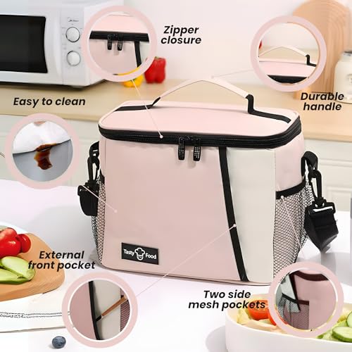 Image of OCEANEVO Insulated Lunch Bag with Luggage Tag, Tiffin Bag for Office with Handle and Shoulder Strap for Men and Women - 25 x 17.5 x 20 Cm - Pink