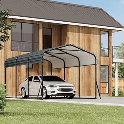 GarveeLife 10x15 FT Metal Carport, Outdoor Car Port Canopy with Reinforced Base and Galvanized Steel Roof, Heavy Duty Garage Car Shelter Shade for SUV, Truck, Boats