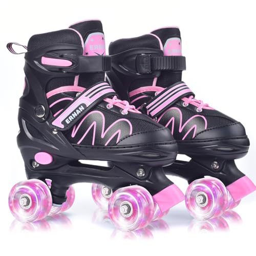 ERNAN Patines para niños, 8 ruedas iluminadas y 4 tamaños ajustables. Patines para niños principiantes, adecuados para interiores y exteriores (rosa, M)