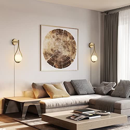 Image of Modo Lighting Glass Ball Wall Sconce Plug in Mid Century Modern Drop Design Wall Light Brushed Brass Gold Wall Lamps for Bedside Living Room (with Plug in 2 Pack) | Hardwired Cord with ON /OFF Switch, E26 Bulb Included, 5.9 inch White Milk Glass Wall Light Fixture for Bedroom Bathroom Hallway