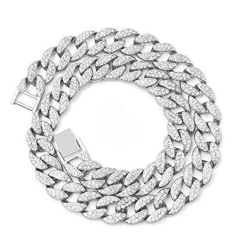 Cuban Link Necklace for Men - Hip Hop Necklace Stainless Steel Necklace Iced Out with Bling Rhinestones, Fashion Accessory for Hip Hop Lovers (Silver, 24)