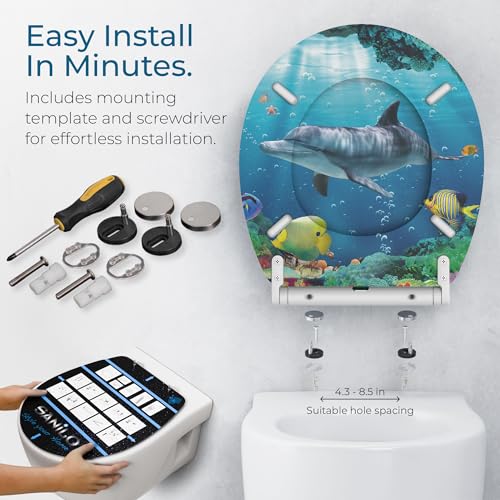 Image of Sanilo Wooden Toilet Seat with Quick Release & Soft Close [ROUND] - Decorative & Slow Close Molded Wood Seat - With One Click for Easy Installation & Cleaning - With Adjustable Fit (Dolphin)