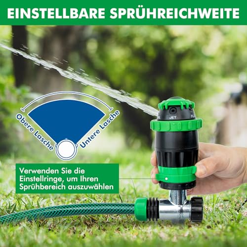 RESTMO Getriebe-Sprinkler mit Metallspike-Basis – Rasensprenger für große Flächen, 5 Muster, Bewässerungssystem für Rasen & Beete, Gartensprinkler, Reichweite 15 m, 180 m² Abdeckung, Grün, 1 Stück