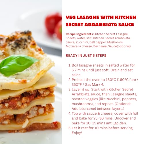 Image of Kitchen Secret Pasta Combo | Lasagne Sheets 500g + Arrabbiata Sauce 390g | 100% Durum Wheat | No Maida, Egg Free, Trans Fat Free | Spicy Pasta Kit with Real Ingredients