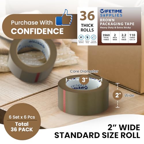 Lifetime Supplies 36 Rolls [Upgraded] 2\" Brown Premium Packing Tape, 110 Yards, 2.2 mil, Heavy Duty Packaging Tape for Shipping, Moving, Sealing - Stronger & Thicker - Thumbnail 4