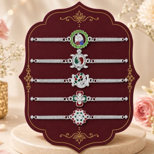 Image of Periapt Designer Rakhi Set of 5 for Brother - Silver Colour Bracelet Design with Decorative Tealight Candles 4pc, Pooja Coin, Roli Chawal & Card | Rakhi with Gift Combo for Raksha Bandhan