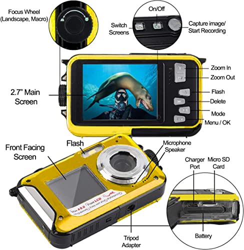 Edealz 48Mp Megapixel Waterproof Digital Camera Full Hd 1080P Dual Display For Underwater Photo And Video Recording With Led Flash Light For Adults And Kids (Yellow) #TOP3