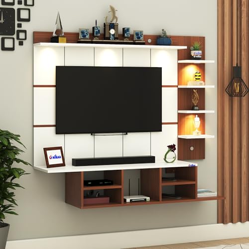 Image of Anikaa Charley Engineered Wood Wall Mount Striped PVC Back Panel TV Unit with Spot LED Lights | TV Cabinet with Open Storage Box (Walnut /White) | Ideal for UP to 43 Inch TVs - DIY Installation