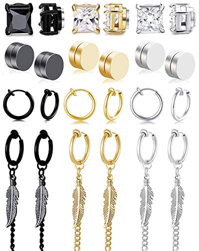 Jewdreamer 12 Pairs Stainless Steel Mens Womens Magnetic CZ Earrings Clip On Non-Pierced Earrings Studs Feather Dangle Hoop Earring Set