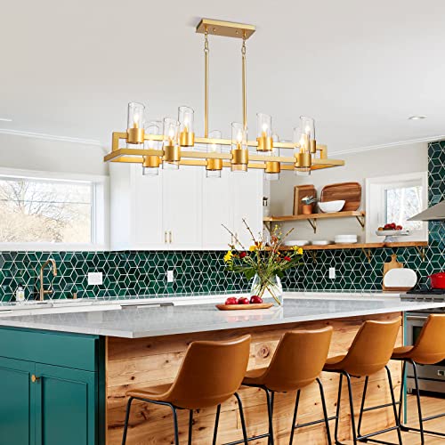 Image of WUZUPS Island Rectangle Chandelier 10-Light with Clear Glass Industrial Modern Farmhouse Linear Light Fixture for Dining Room Kithen Island, Width 42.5 inch Height 10.4 inch, Gold
