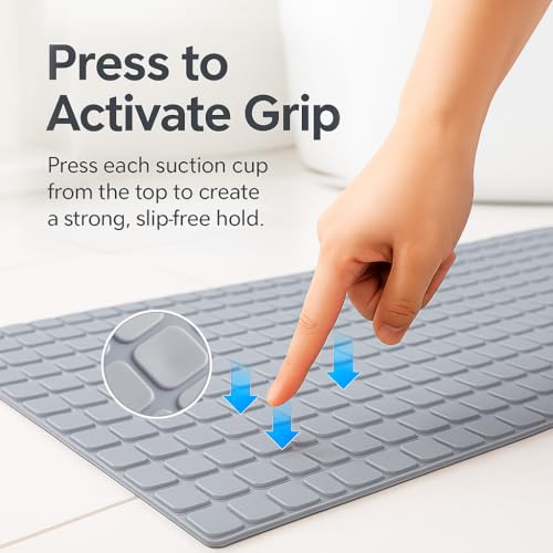 Image of HOMEZE Anti-Slip Bathroom Floor Mat for Elderly & Kids - Elevate Your Bathing Experience - 82 x 42 cm Anti-Skid Safety Shower Mat with Heavy-Duty Suction Grips, Checker Texture & Drain Holes - Grey
