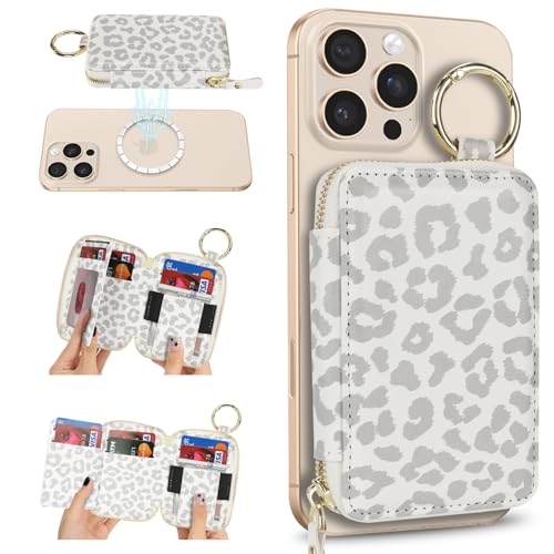 Image of Compatible with MagSafe Wallet,Magnetic Phone Wallet Card Holder for iPhone 17 /16 Pro Max /15 plus /14 Pro /13 /12 Series,PU Leather Zipper Pocket Adjustable Stand with Grip-White Leopard
