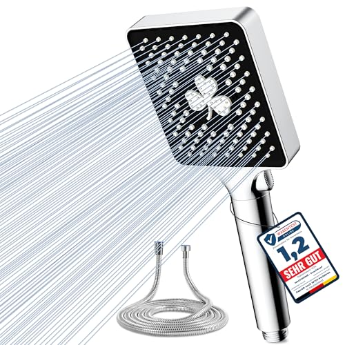 Magichome Alcachofa De Ducha Con 1.5m Manguera, Cuadrado Cabezal Ducha Mano De Alta Presión Con 6 Tipos De Chorro, Shower Head De Grande, Ducha De Lluvia Con Ahorro De Agua, Cromado