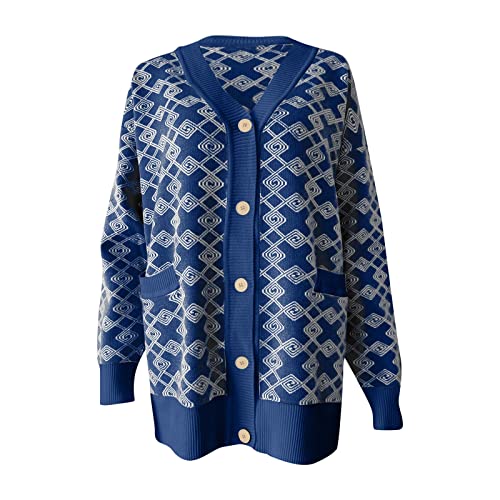Hthlvmd Women's Long Sleeve Button Down Crew Neck Knit Cardigan Sweater Blue #TOP1