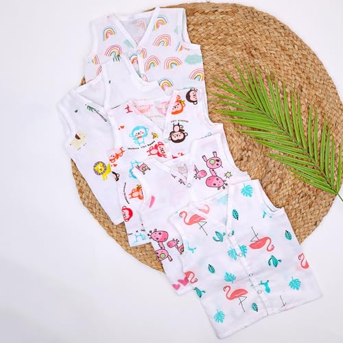 Image of MOM'S HOME Organic Muslin Baby Jhabla Set | Unisex Cotton Vest | Pack of 5 | 3-6 Months | Soft, Breathable, Summery Prints