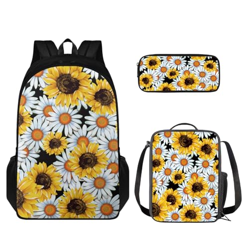 Set zaino scuola per bambini borsa a tracolla con termica per il pranzo tote box astuccio 3 in 1 Margherita di girasole Set di zaini per la